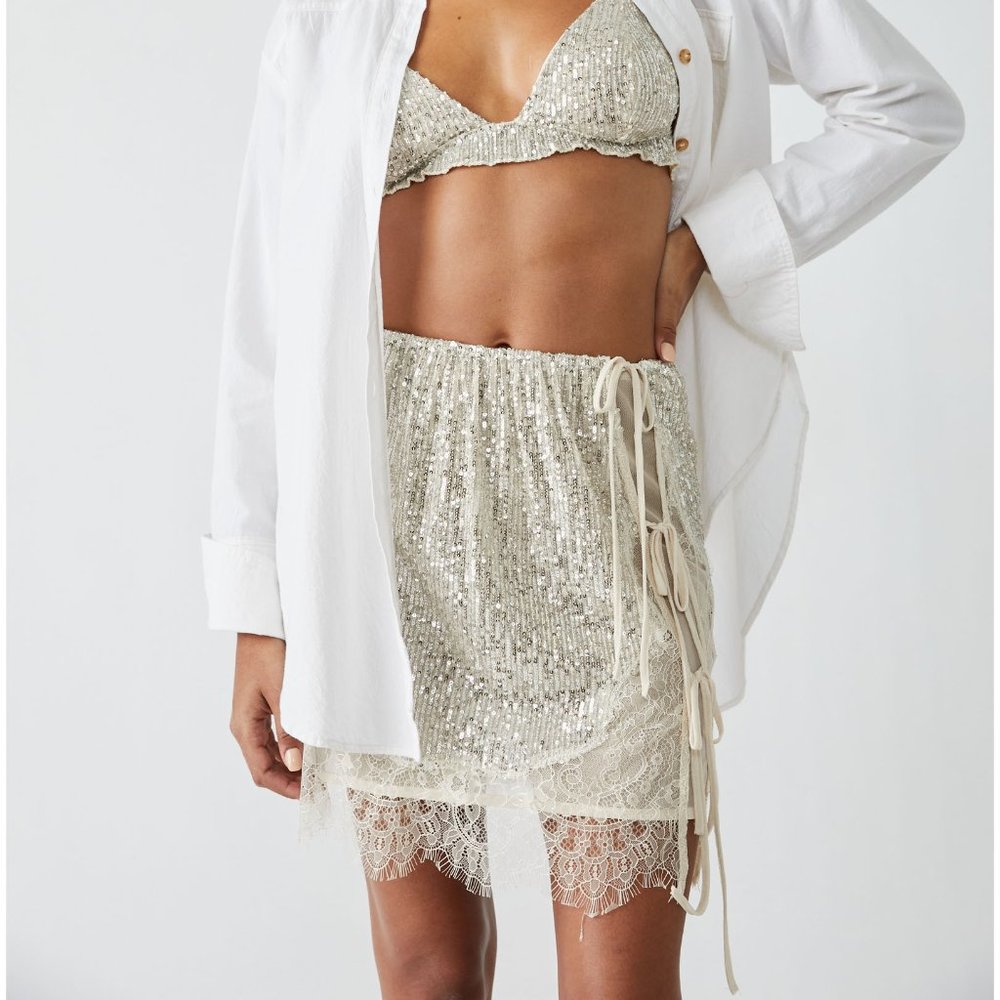 Free People Sequin Lace Mini Skirt in Silver and Cream